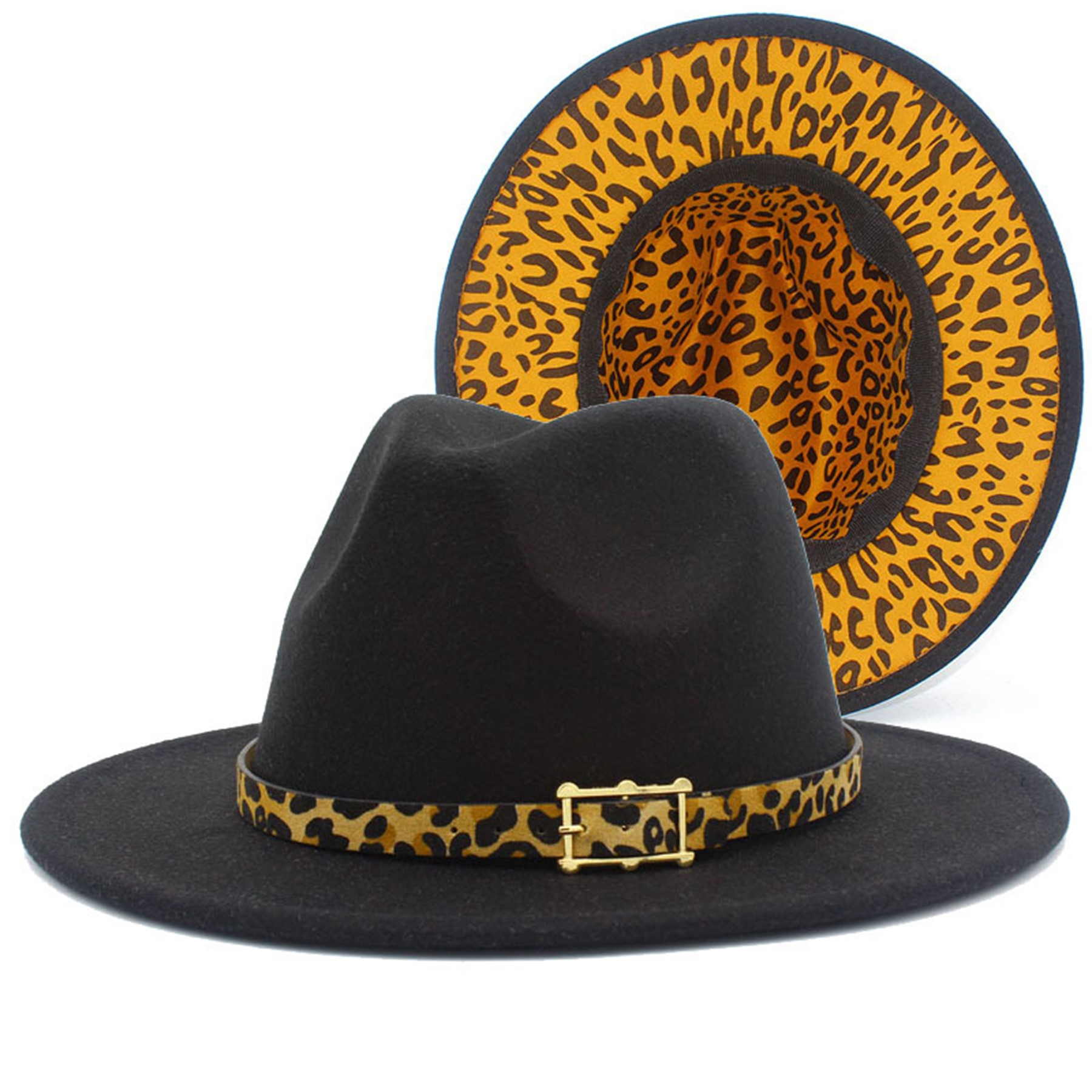 Colorblock Felt Fedora Hat with Leopard Print Band