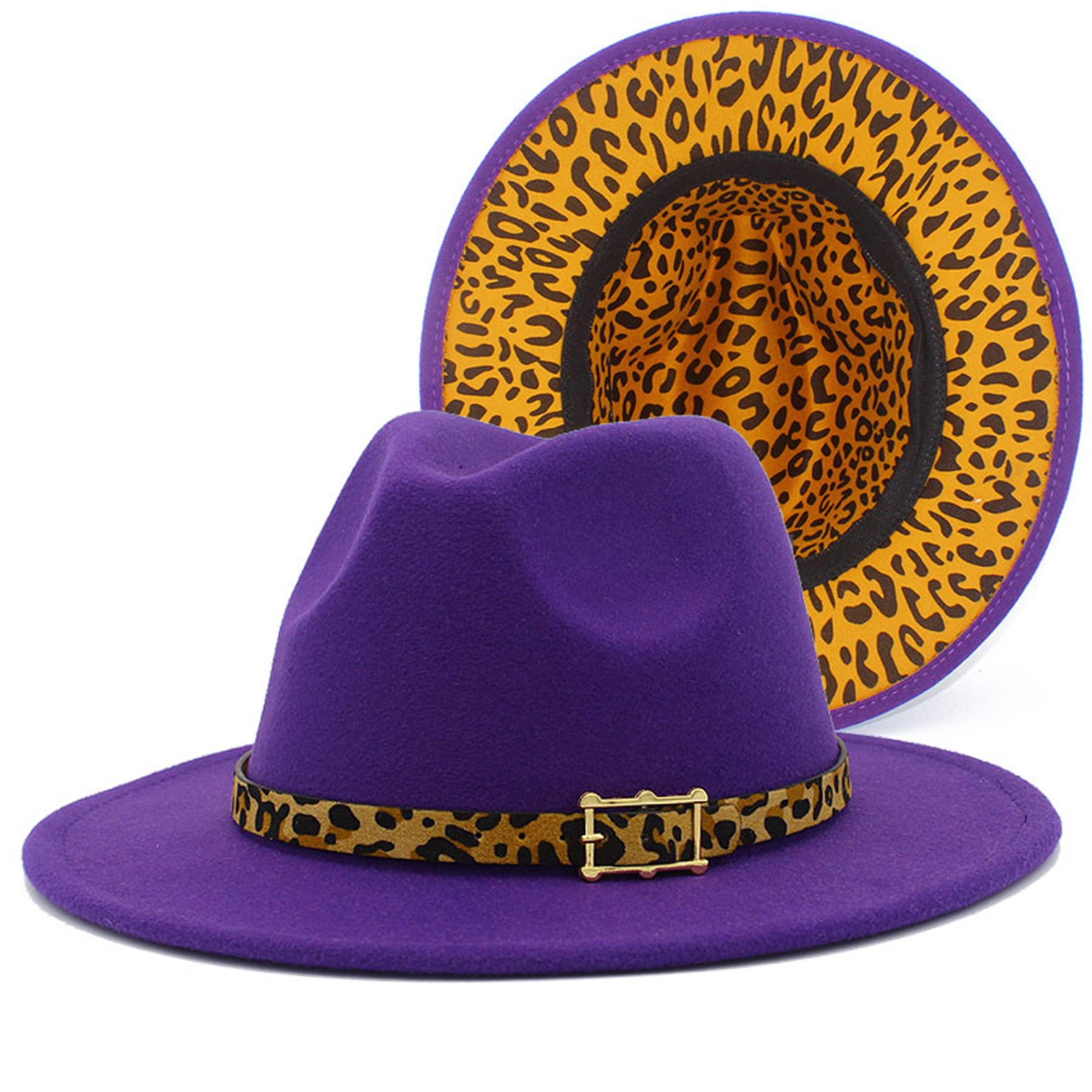 Colorblock Felt Fedora Hat with Leopard Print Band