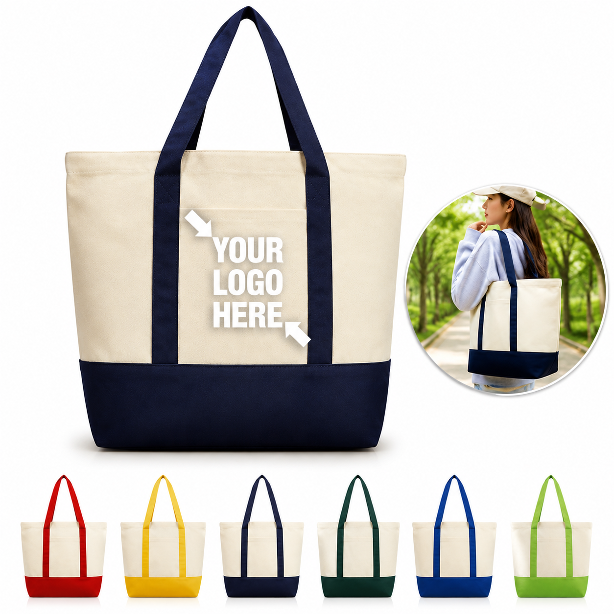 Cotton Canvas Boat Tote Bag With Front Pocket