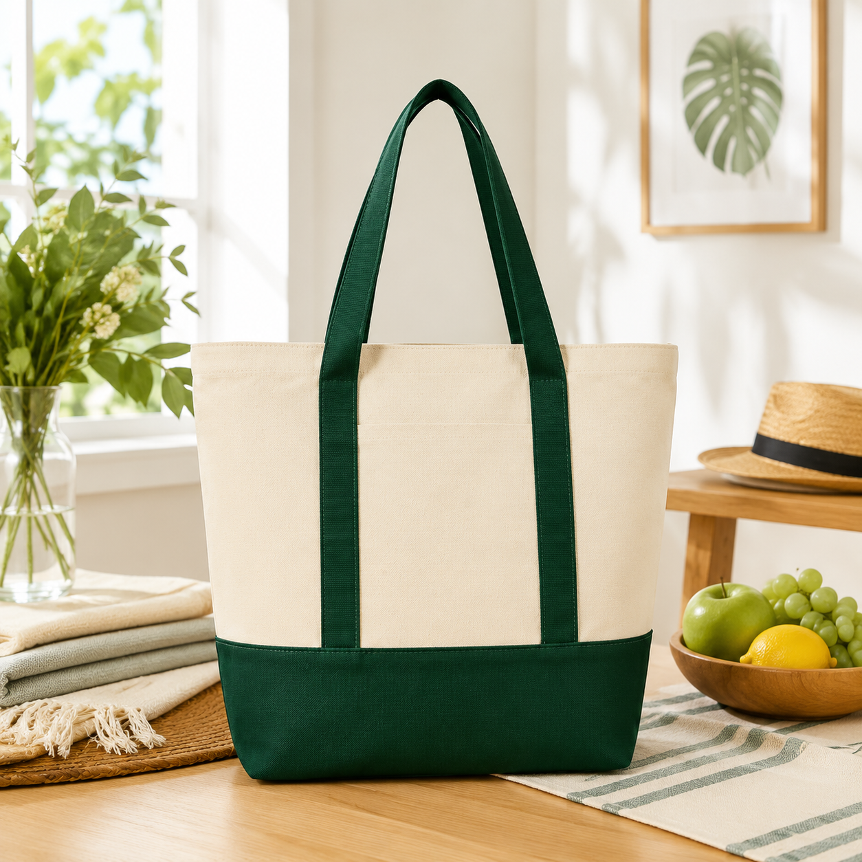 Cotton Canvas Boat Tote Bag With Front Pocket