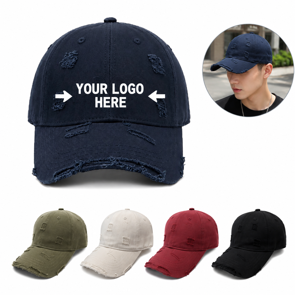 Distressed Vintage Baseball Cap with Embroidered Ripped Design