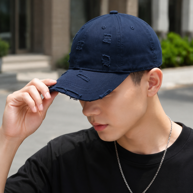 Distressed Vintage Baseball Cap with Embroidered Ripped Design