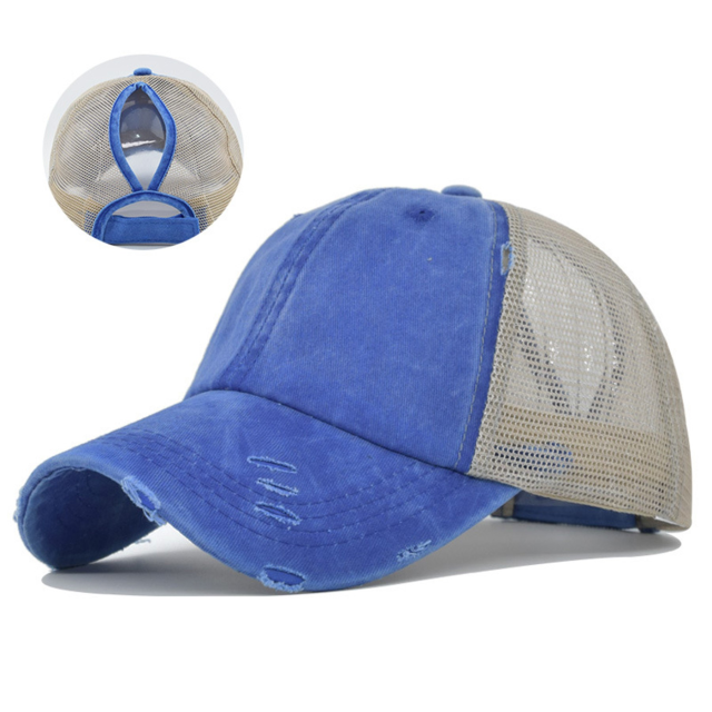 Embroidered Washed Mesh Ponytail Cap with Adjustable Back Closure