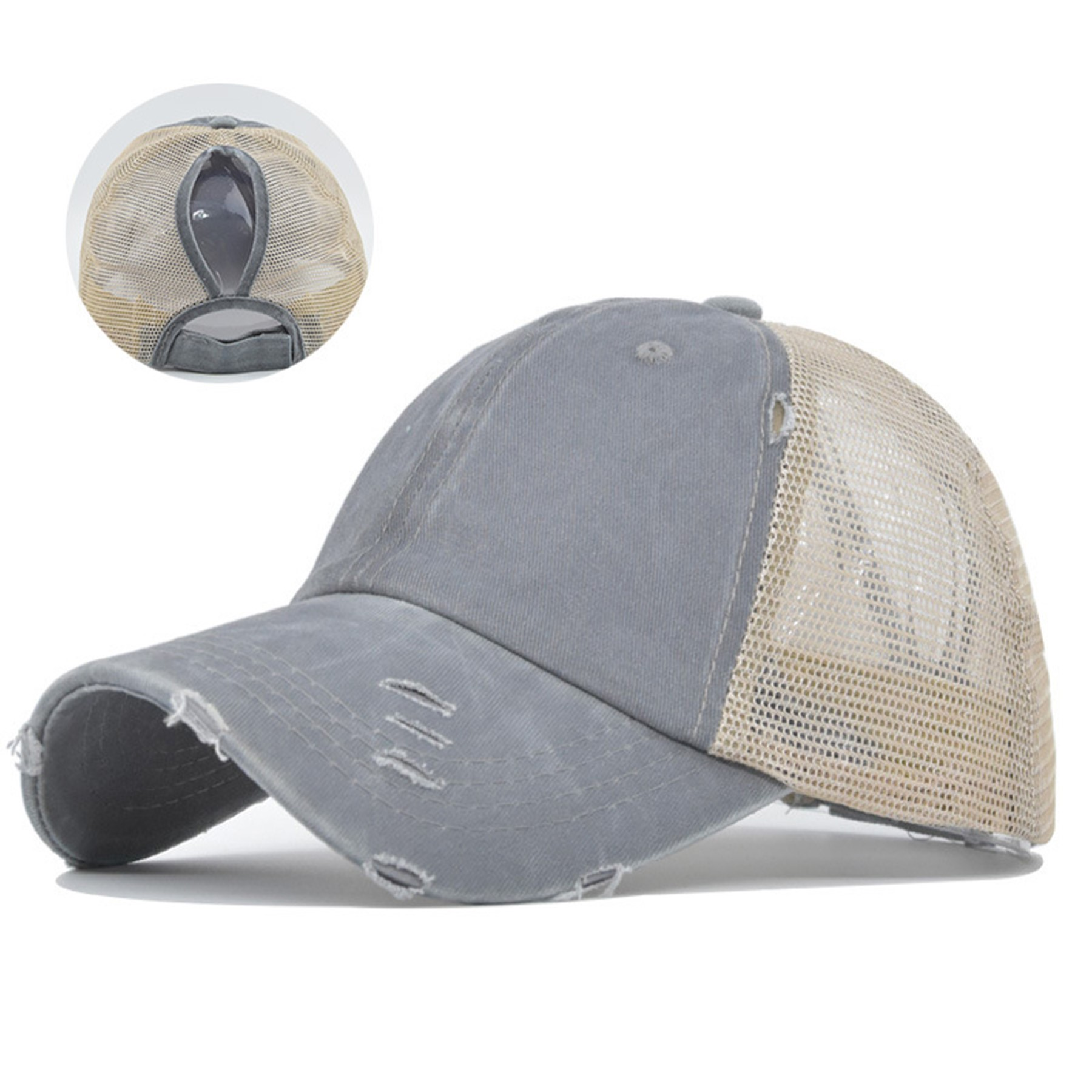 Embroidered Washed Mesh Ponytail Cap with Adjustable Back Closure