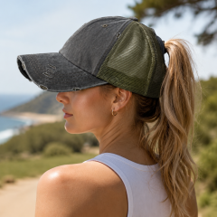 Embroidered Washed Mesh Ponytail Cap with Adjustable Back Closure