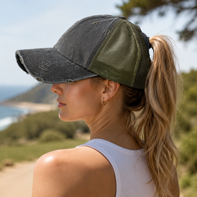 Embroidered Washed Mesh Ponytail Cap with Adjustable Back Closure
