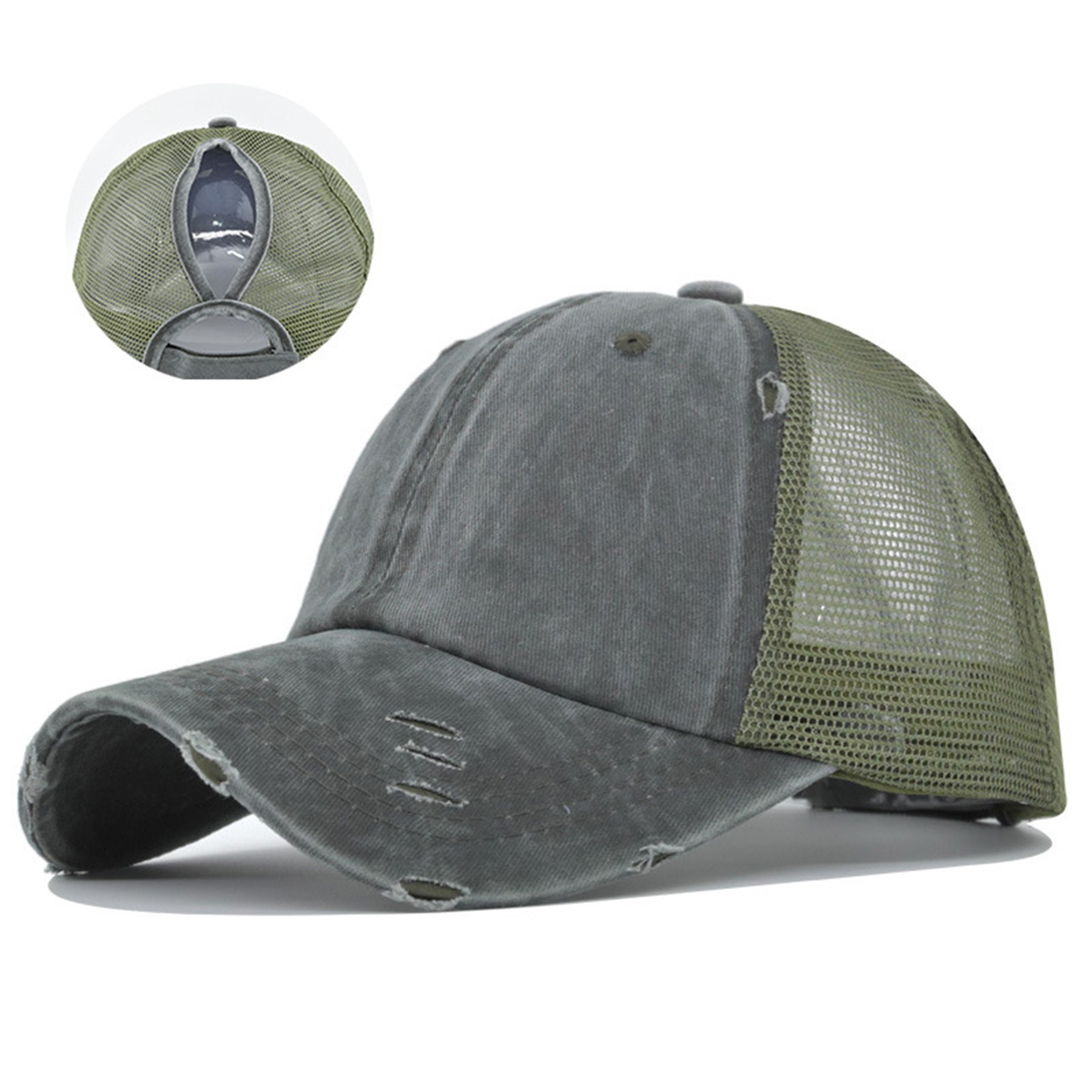 Embroidered Washed Mesh Ponytail Cap with Adjustable Back Closure