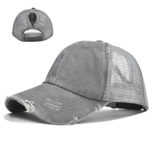 Embroidered Washed Mesh Ponytail Cap with Adjustable Back Closure
