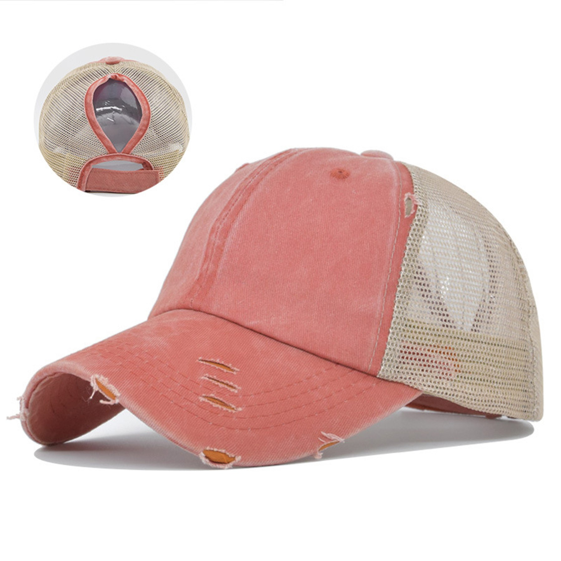 Embroidered Washed Mesh Ponytail Cap with Adjustable Back Closure