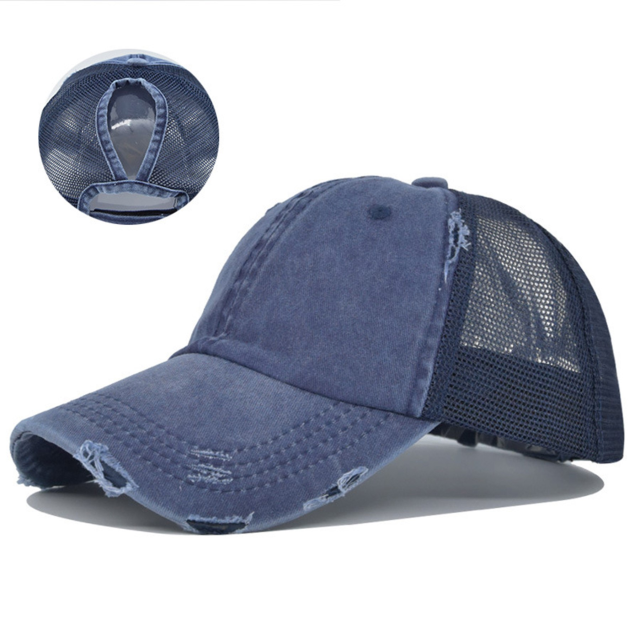 Embroidered Washed Mesh Ponytail Cap with Adjustable Back Closure