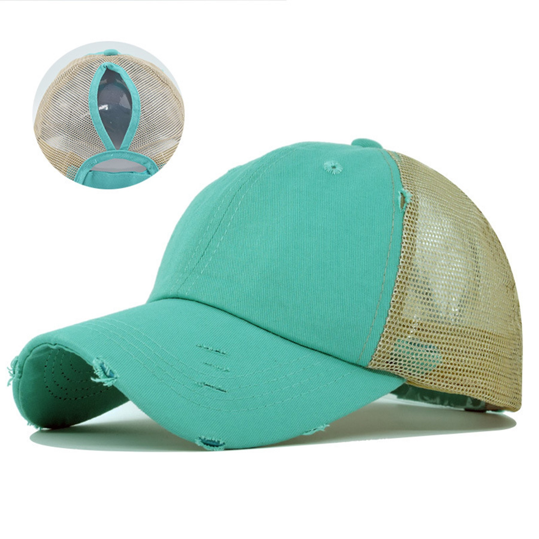 Embroidered Washed Mesh Ponytail Cap with Adjustable Back Closure