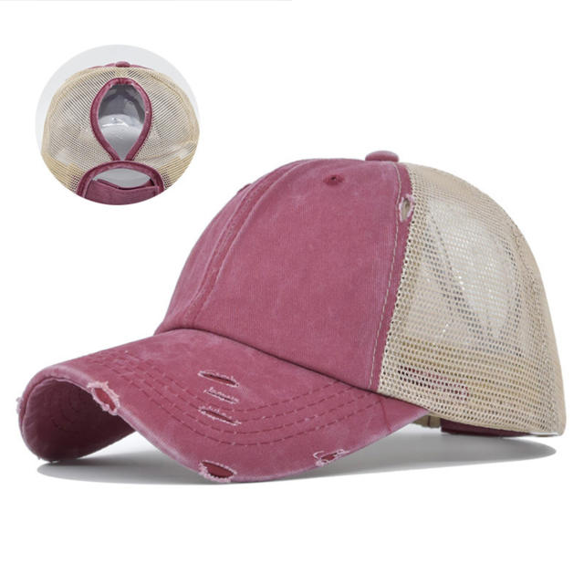 Embroidered Washed Mesh Ponytail Cap with Adjustable Back Closure