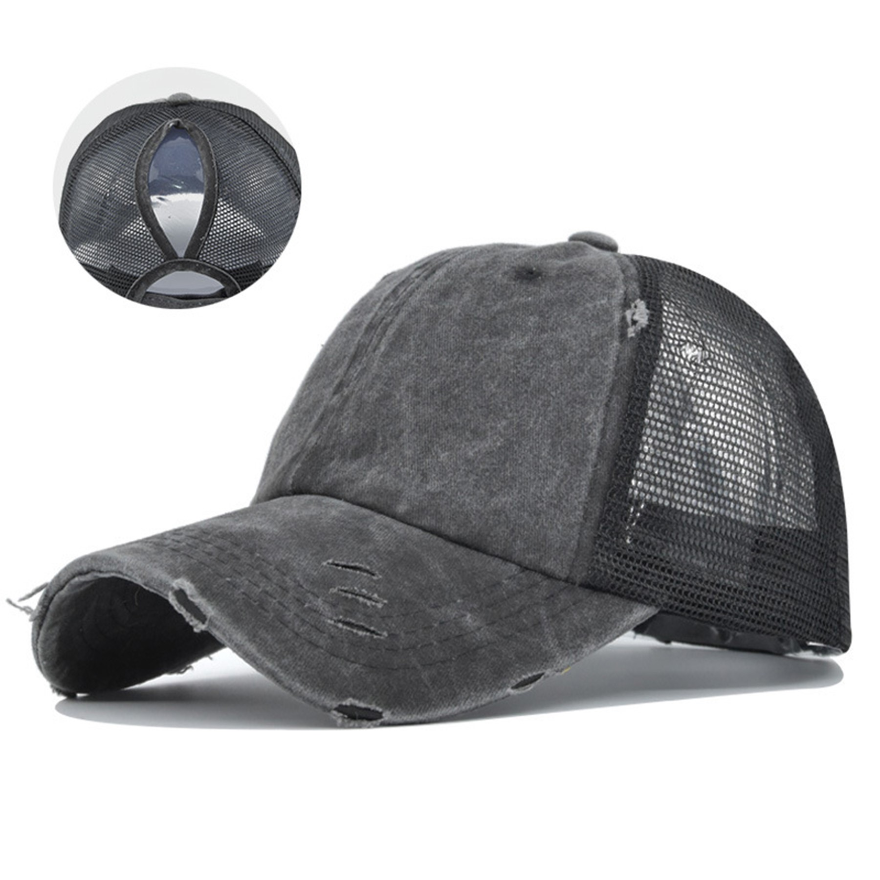 Embroidered Washed Mesh Ponytail Cap with Adjustable Back Closure