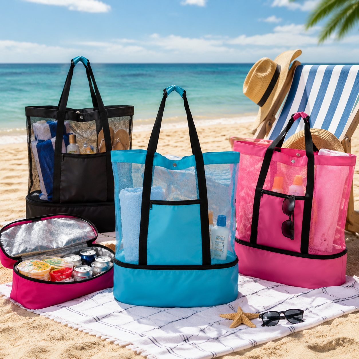 Mesh Sports Beach Tote Bag With Front Pocket