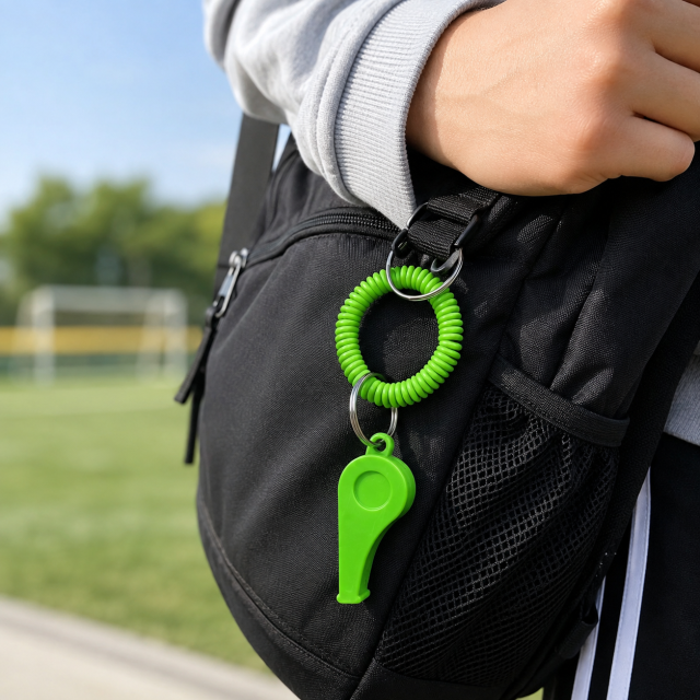 Plastic Coil Whistle Keychain With Metal Ring