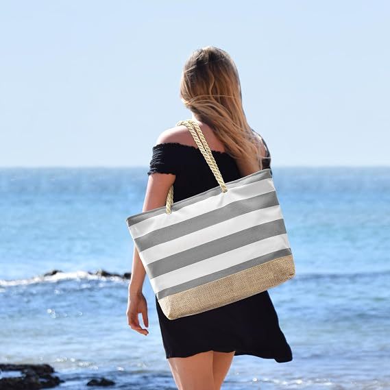 Striped Beach Tote Bag With Rope Handles