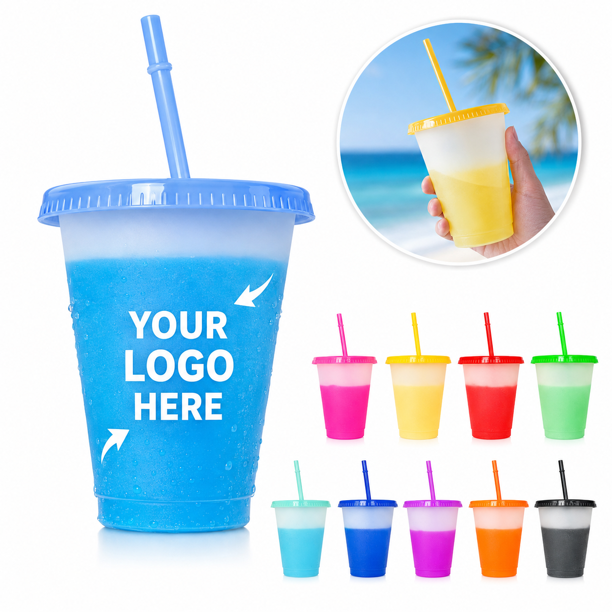 16 Oz Color-Changing Plastic Cup With Lid And Straw