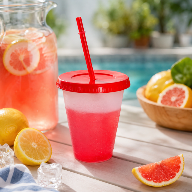 16 Oz Color-Changing Plastic Cup With Lid And Straw