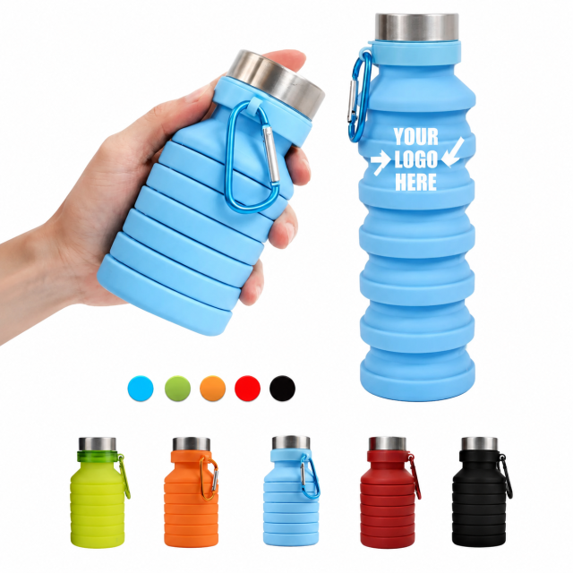 18oz Silicone Collapsible Sports Water Bottle with Carabiner Clip