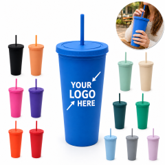 24 Oz Double-Layer Plastic Tumbler With Lid And Straw