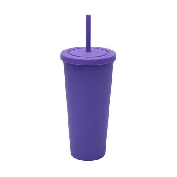 24 Oz Double-Layer Plastic Tumbler With Lid And Straw