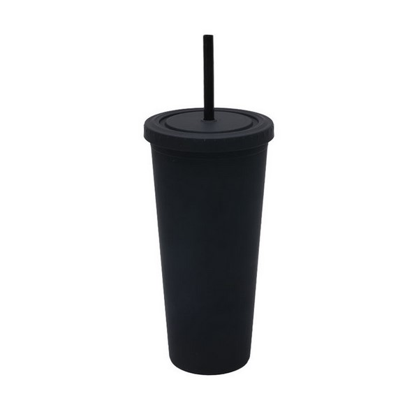 24 Oz Double-Layer Plastic Tumbler With Lid And Straw
