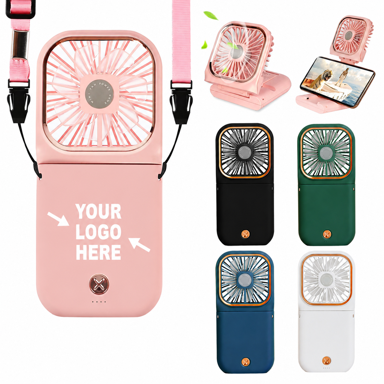 3-in-1 Foldable Mini Fan Power Bank with Phone Stand & Lanyard