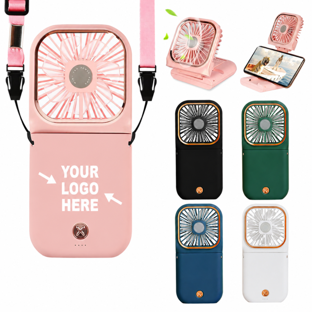 3-in-1 Foldable Mini Fan Power Bank with Phone Stand & Lanyard
