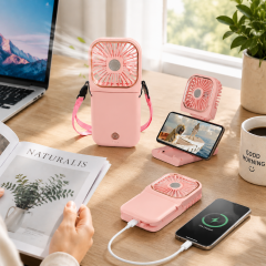 3-in-1 Foldable Mini Fan Power Bank with Phone Stand & Lanyard