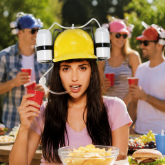 Beer Drinking Helmet Hat with Dual Can Holders and Straws