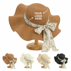 Chinese Ink Ribbon Straw Hat - Flat Top Wide Brim Sun Hat