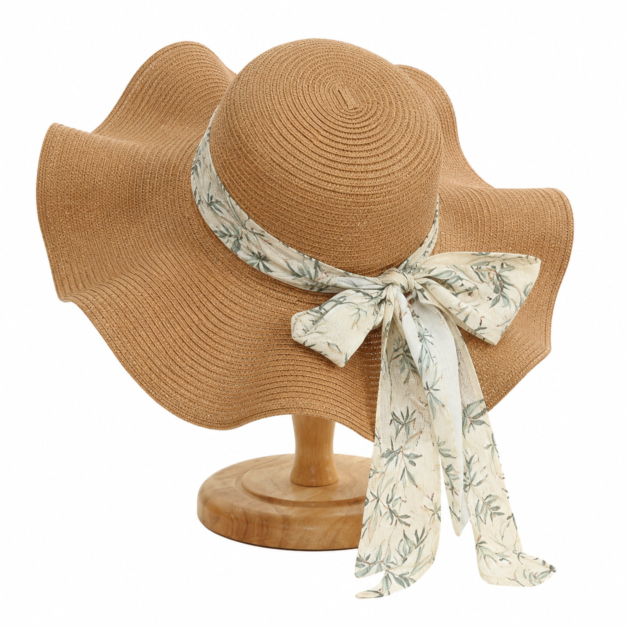 Chinese Ink Ribbon Straw Hat - Flat Top Wide Brim Sun Hat