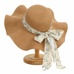 Chinese Ink Ribbon Straw Hat - Flat Top Wide Brim Sun Hat