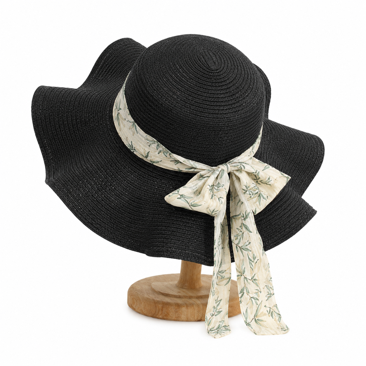 Chinese Ink Ribbon Straw Hat - Flat Top Wide Brim Sun Hat