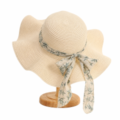 Chinese Ink Ribbon Straw Hat - Flat Top Wide Brim Sun Hat