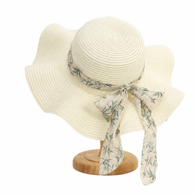 Chinese Ink Ribbon Straw Hat - Flat Top Wide Brim Sun Hat