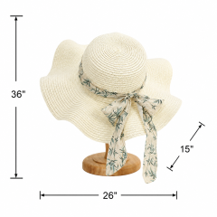 Chinese Ink Ribbon Straw Hat - Flat Top Wide Brim Sun Hat