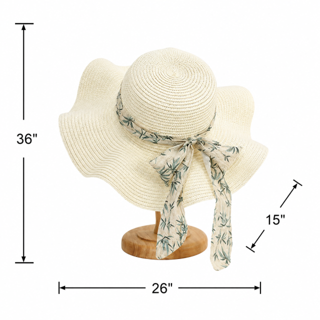 Chinese Ink Ribbon Straw Hat - Flat Top Wide Brim Sun Hat