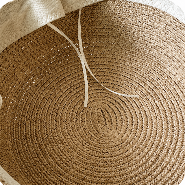 Chinese Ink Ribbon Straw Hat - Flat Top Wide Brim Sun Hat