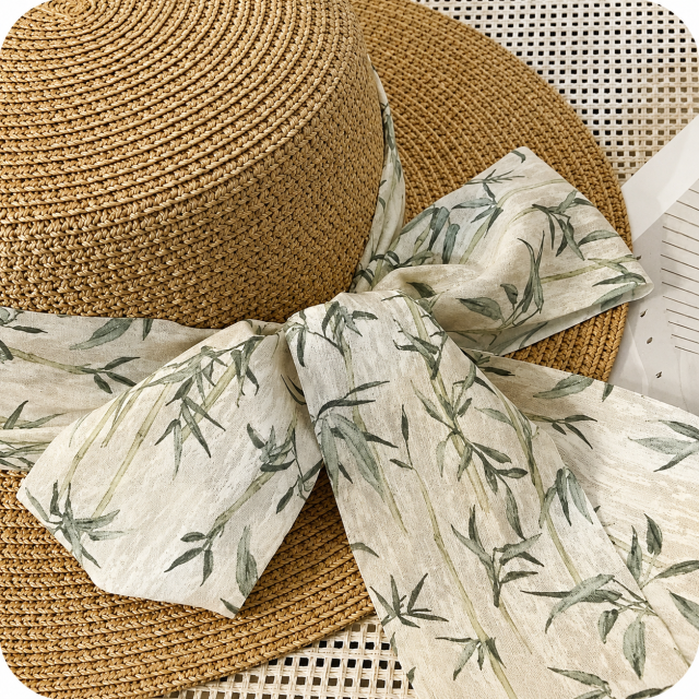 Chinese Ink Ribbon Straw Hat - Flat Top Wide Brim Sun Hat