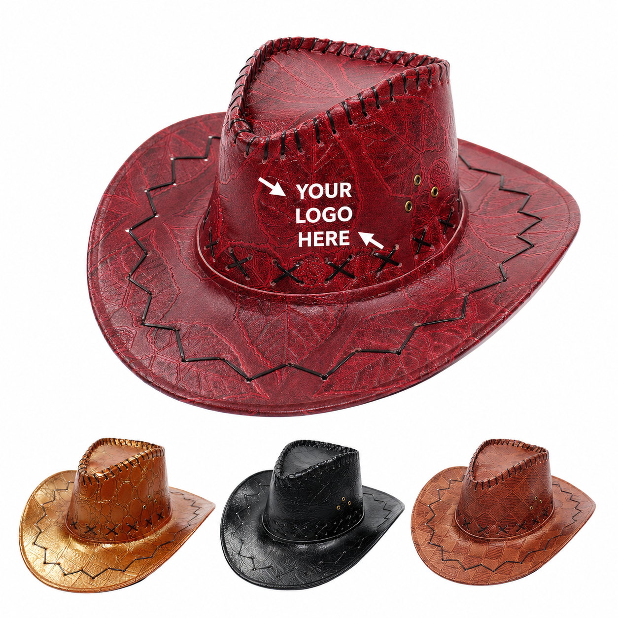 Faux Leather Embroidered Wide Brim Cowboy Western Hat