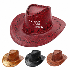 Faux Leather Embroidered Wide Brim Cowboy Western Hat