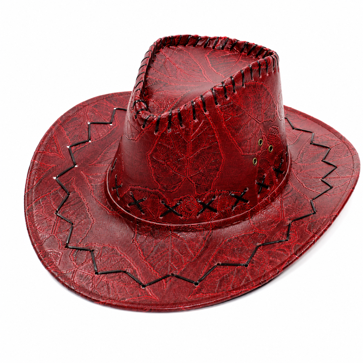 Faux Leather Embroidered Wide Brim Cowboy Western Hat