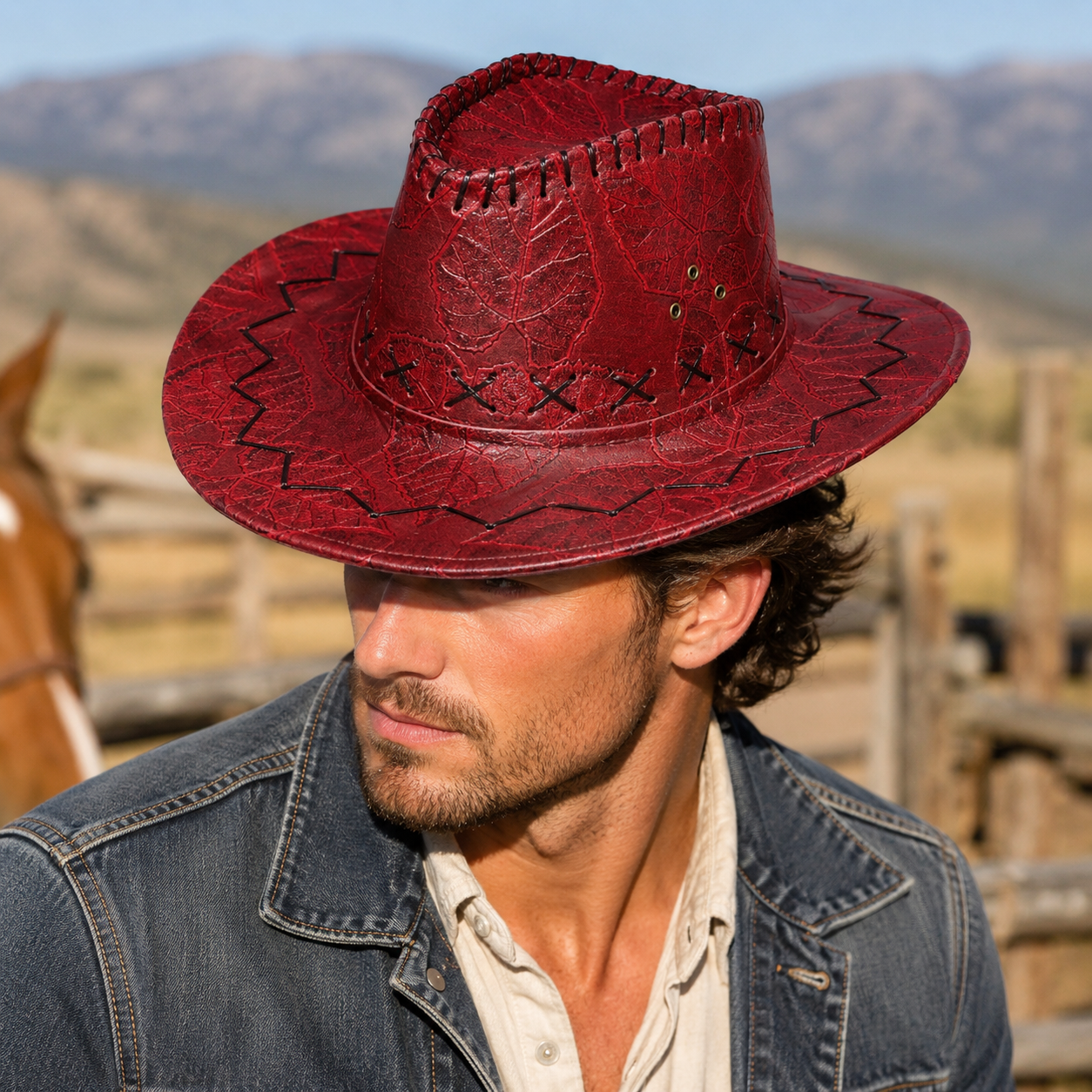 Faux Leather Embroidered Wide Brim Cowboy Western Hat