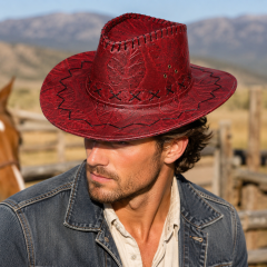 Faux Leather Embroidered Wide Brim Cowboy Western Hat