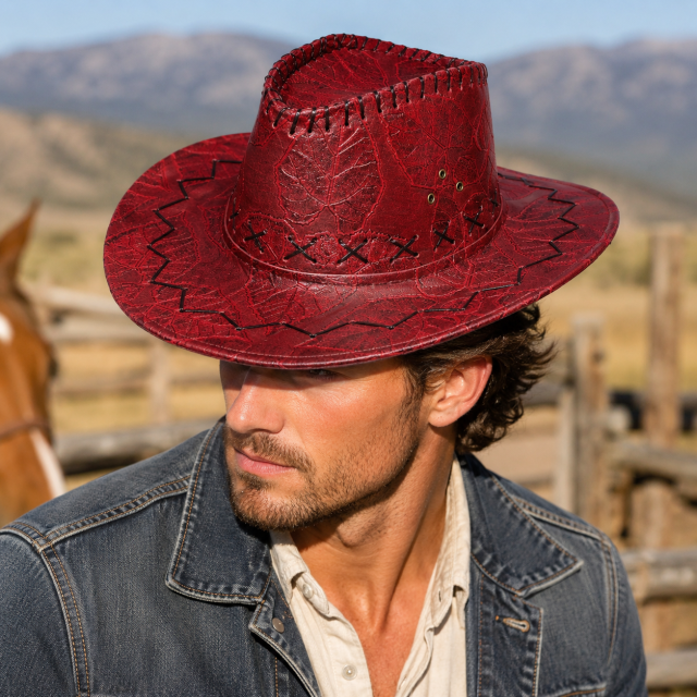 Faux Leather Embroidered Wide Brim Cowboy Western Hat