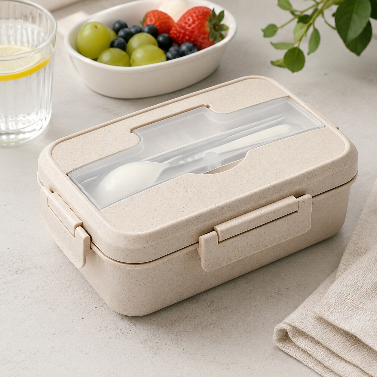 Microwave-Safe Compartment Bento Lunch Box With Cutlery