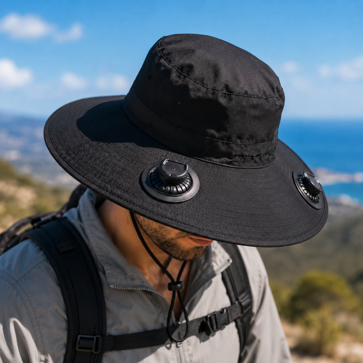 Rechargeable Cooling Fan Fisherman Hat - UV Protection Work Sun Hat