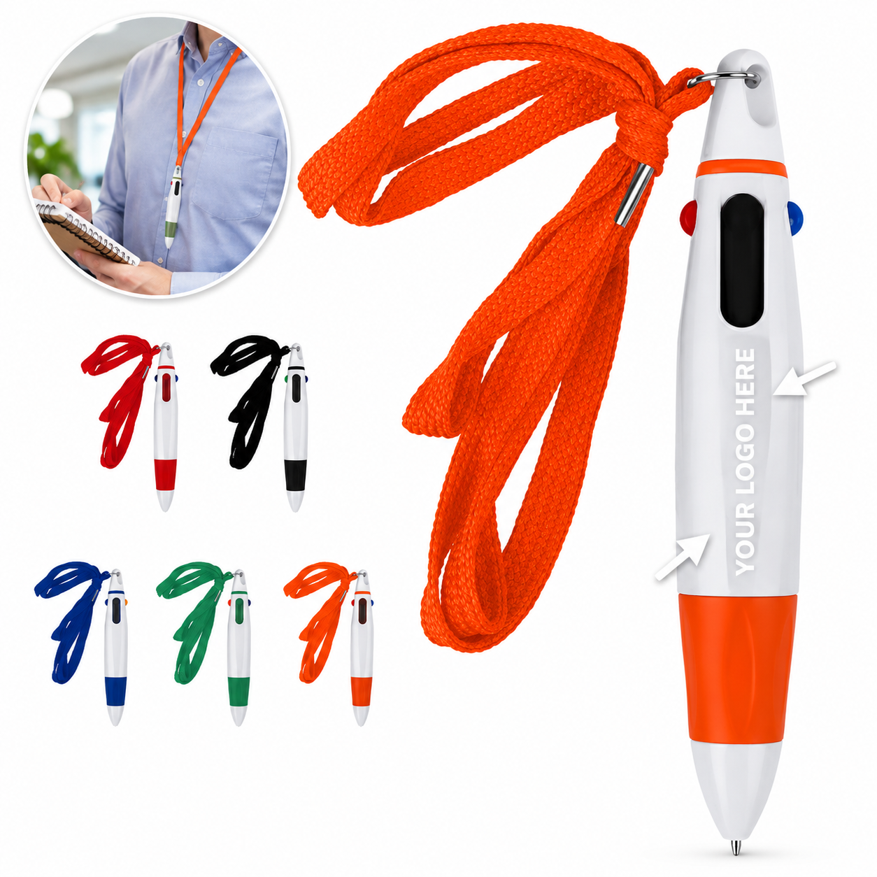 Retractable 4-Color Ballpoint Pen With Lanyard