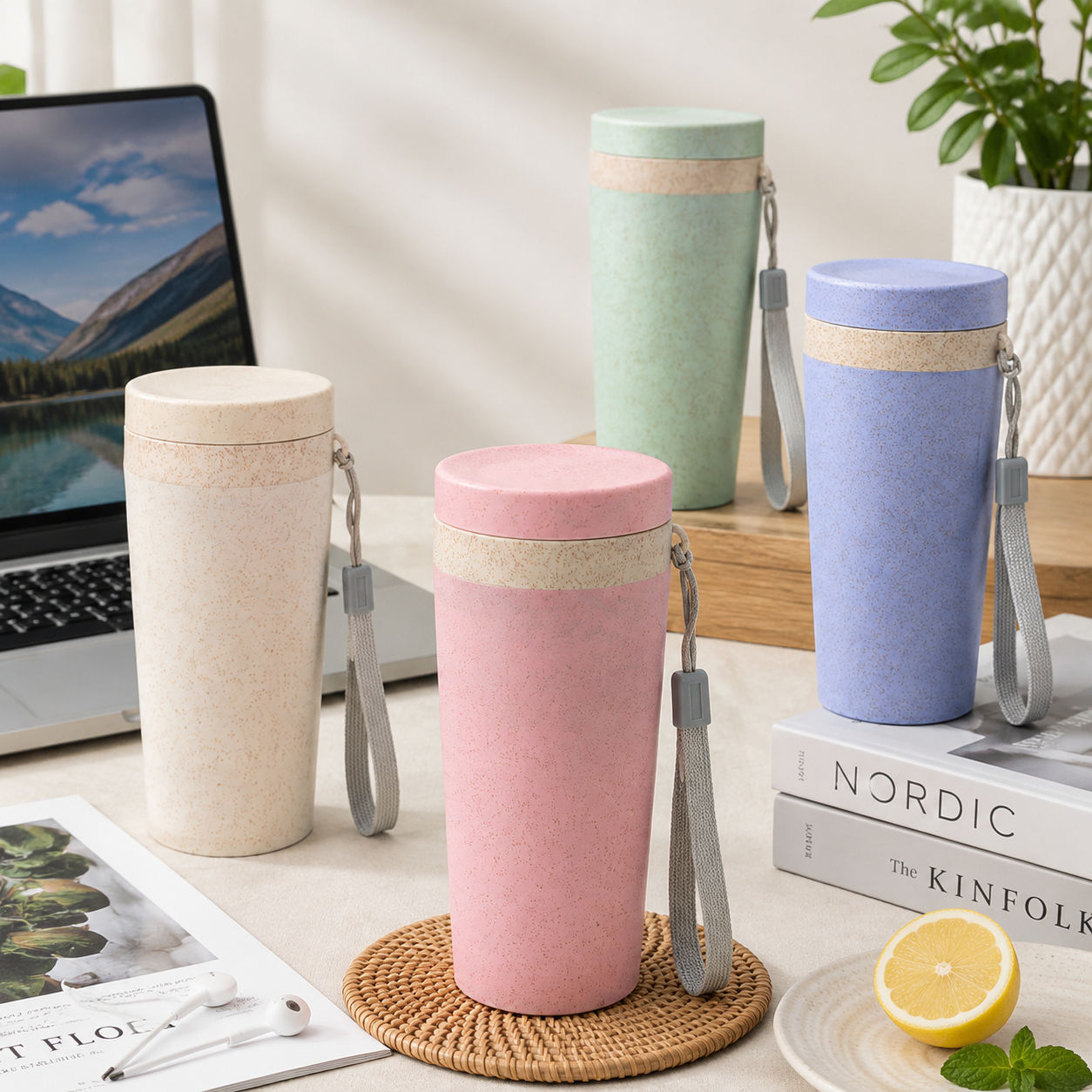 Reusable Wheat Straw Double-Layer Insulated Water Cup - Portable Eco Drink Bottle